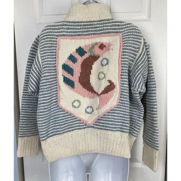 VTG Henri Bendel Cardigan Sweater Knit Fish Striped Pastels Pockets Large READ